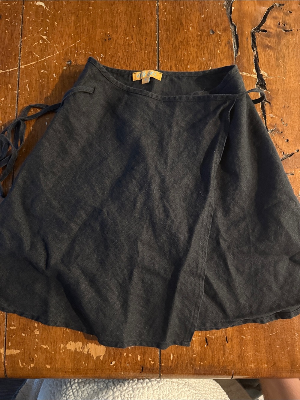 Women's Black Linen Wrap Skater Skirt - Classic Tie Waist